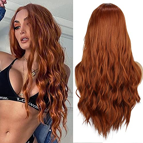 PORSMEER Auburn Rot braun Lang Locken Perrucke für Frauen,Natürliche Kupfer Synthetische Haar Cosplay Tägliche Party Wig