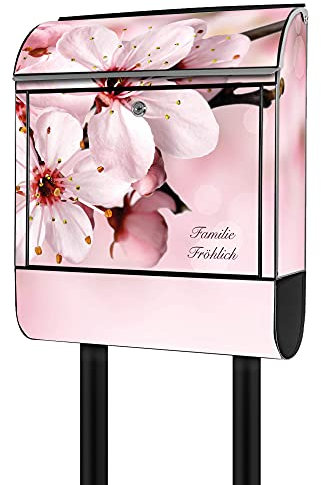 banjado® Briefkasten mit Standfuß personalisierbar Motiv Japanische Kirsche - Stand Briefkasten mit Zeitungsfach pulverbeschichtet aus Stahl schwarz - Postkasten A4 Einwurf inkl. 2 Schlüssel