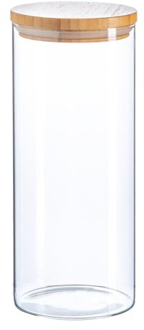 Argon Tableware Scandi Storage Jar with Wooden Lid - 1500ml - 1 Pack - Modern Round Organisation Container Glass Jar for Kitchens, Pantry, Bathrooms, Utility Rooms