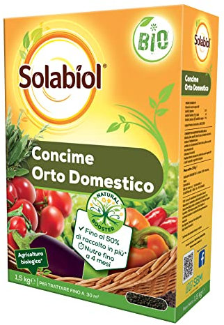 Solabiol Concime Biologico per Orto Domestico con Tecnologia Natural Booster per favorire lo sviluppo dell’apparato radicale e avere fino al 50% di raccolto in più e 100% di fioriture in più. 1,5Kg