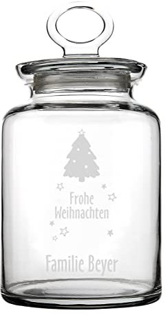 Herz & Heim® Keksdose aus Glas mit Weihnachtsbaum u. Gratisgravur Ihres Wunschtextes
