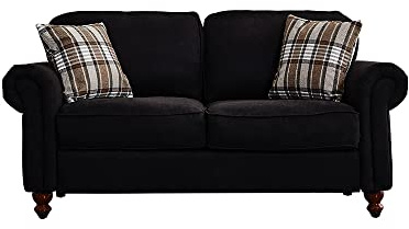 Panana French Country Retro Design 2 Seater Fabric Sofa Couch Settee Living Room Sofa, With 2 Free Cushions (Black, 2 Seater)