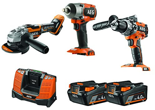 AEG - Set di 3 utensili Brushless - Trapano a percussione 18 V, avvitatore a percussione 18 V, smerigliatrice 125 mm 18 V, 2 batterie 4,0 Ah, caricabatterie, borsa portaoggetti - JP18AA3-402B LK1