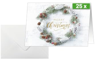 Sigel Weihnachtskarten Weihnachtskranz A6 quer 25 Stück | DS089, Mit Umschlägen und bedruckbarer Oberfläche für Festtagsgrüße