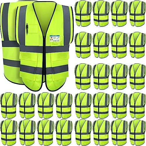 Leumoi 30 Pack Reflective Safety Vest with Pockets and Zipper High Visibility Vest for Women Men Work (Fluorescent Green,L)