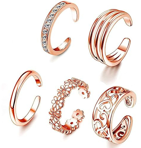 LEEQBCR - 5 Pcs Anillo de plata de ley 925, anillo de banda abierta ajustable, señoras, anillo, joyería (oro rosa)