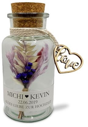Hochzeitsgeschenk Geschenkglas personalisiert mit Namen und Datum als Geschenk zur Hochzeit Geldgeschenk Trockenblumenstrauß (Wild Violet))