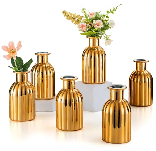 Inweder Gold Glasvase für Tischdeko: 6 Stück Kleinen Blumenvasen | Geriffelte Glasoberfläche, Vintage Deko, Knospenvasen für Frische/Getrocknete Blumen, Hochzeit, Weihnachten, Wohnzimmer