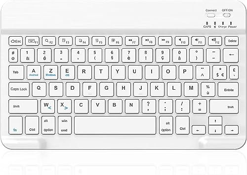 HLTOOP Teclado Bluetooth Español,Light Teclado Inalámbrico Portátil para iPhone de iOS,iPad,Samsung,Lenovo,Huawei,Android,Windows,Compatible con Dispositivos con Bluetooth,Blanco,French