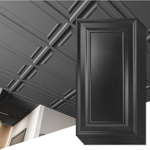 Art3d Deckenfliesen aus PVC dekorative Deckenverkleidung für Keller Küche Bad 60 x 120 cm Abdeckung 8,8 m² glattes Schwarz 12 Stück