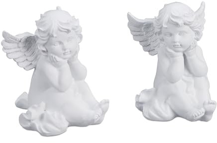 Relaxdays Grave Angel, Set of 2, Weatherproof, Frost-Proof, HxWxD: 10 x 7 x 9 cm, Decoration, Guardian, Polyresin, White