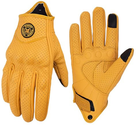 mjmoto Gants de Moto Vintage pour Hommes, Gants de vélo de Scooter Motocross en Cuir de chèvre Jaune pour Rouler
