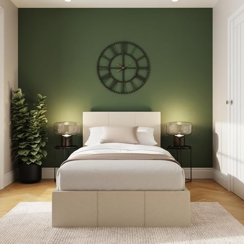 GFW Classic Side Lift Single Natural Faux Leather Ottoman Bed, Storage Bed with Hydraulic Lift and Stitched Headboard