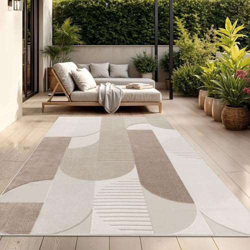 TT Home In-& Outdoorteppich Wetterfest Balkon Schlafzimmer Boho Skandi Motiv Unifarben Geometrische Optik Moderner Style, Farbe:Beige, Größe:160x230 cm