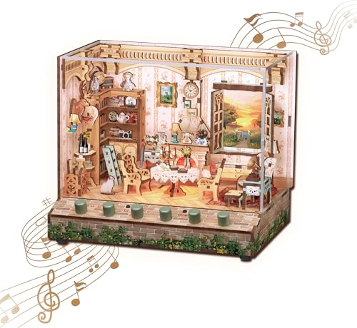 Tonecheer DIY Miniatur Das Hirtenhaus Minihaus Modell Kits für Erwachsene zu Bauen, 3D Holzpuzzle Modellbausatz mit Sound-Effekte Bücherregal, Dekoration Weihnachten Geschenke für Frauen Männer