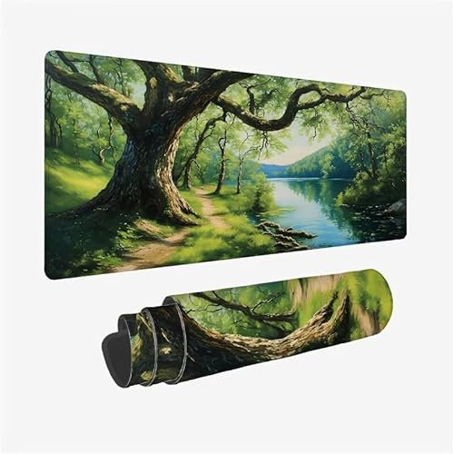 Mousepad Wald,Mousepad Gaming XXL 600x300x3mm,Verlängertes Großes Mauspad See,Schreibtischauflage,Genähte Kanten Mauspad,Wasserdicht,rutschfeste Gummibasis,für Home Office,Männer Geschenke YX-126