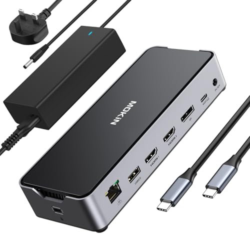 USB C Docking Station 3 Monitors, Triple Display Laptop Dock with 150W DC Power Supply, Dual Monitor 2 HDMI DisplayPort 4K@144Hz, 10Gbps USB C 3.1, USB A 2.0/3.0, Ethernet, SD/TF, Audio for Dell HP