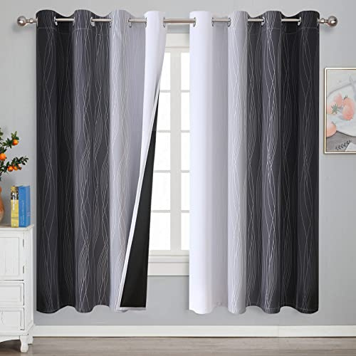 VEHEDE Ombre Blackout Thermal Curtains & Drapes for Kids Room, Strip Wave Pattern Noise Reducing Gradient Curtains 72 Inch Drop for Living Room, W52 x L72 Inch, Black and Greyish White, 2 Panels