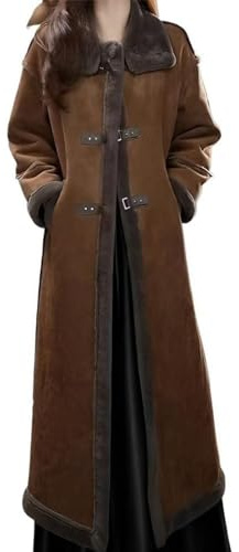 Nbzsmlkn Cappotto Lungo in Finta Pelle Scamosciata da Donna, Cappotto Lungo con Risvolto E Bottoni, Caldo Cappotto Invernale in Finta Pelle Scamosciata (L(65-80kg),caffè)