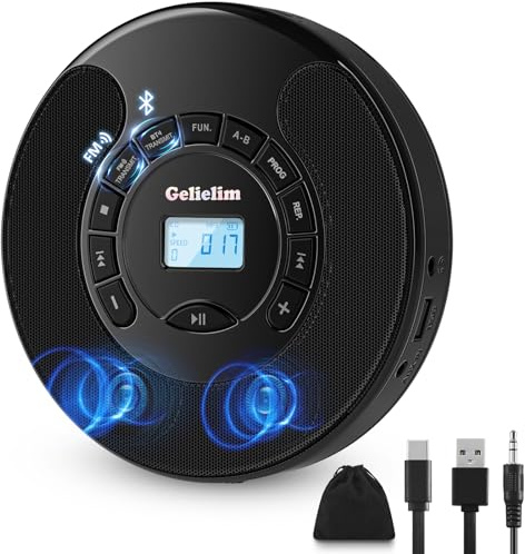 Gelielim Portable CD Player, Disman CD Players for Car with Bluetooth and FM Transmitter, CD Walkman with Dual Stereo Speakers, Anti-Skip Protection, AUX/USB Port, 2000mAh Rechargeable Battery