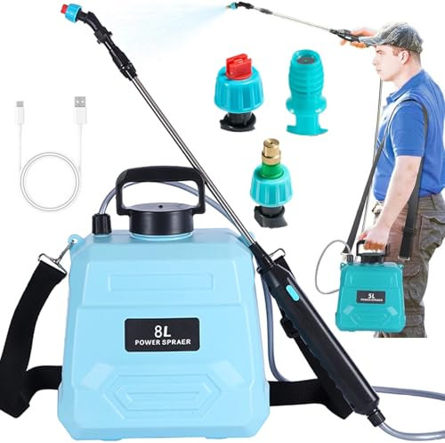 5/8L Pressure Pump Garden Sprayer, Portable Pompa Irroratrice a Batteria Spruzzatore a Pressione with 3 Types of Nozzles & 5 Water Effects, USB Rechargeable, Outdoor Weed Water Sprayer Blue 8L
