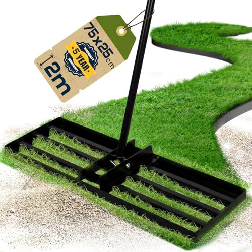 Warmfay Rasenrechen, 75x25 cm Rasenrechen inkl. 2 Meter Verstellbarem Metallstiel, Müheloses Rasennivellierwerkzeug, Schwarz Rasen Rakel für Garten, Golfplatz, Rasen Sanden, Rasenpflege