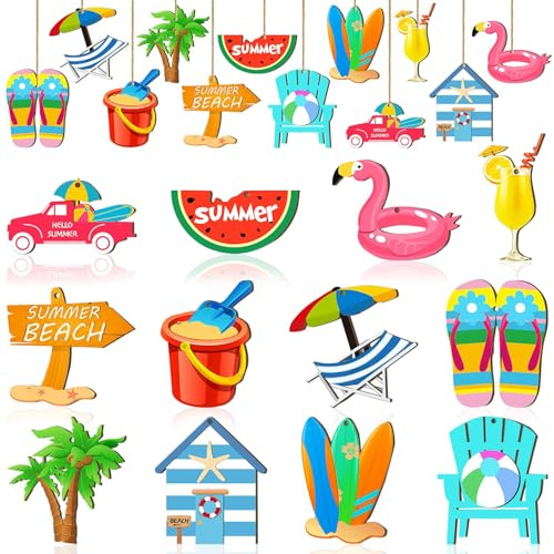 DIELOVEHUA 12 Stück Sommer Holz Anhänger, Bunt Pool Strand Holzanhänger, Baumschmuck Sommer, Fensterdeko Holz, Hawaii Party Deko, für Tropische Hawaii Pool Beach Luau Party(C)