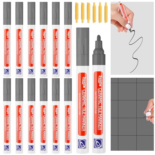 Sinofort 12Pcs Dark Grey Grout Pen, Tiles Grout Pen with Replacement Nib | Tile repair marker ideal for restoration on wall, floor tiles in bathroom, kitchen and all indoor tile surfaces