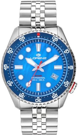 Lorenz - Orologio Sportivo da uomo automatico- Modello Shark V 030255MP - Orologio con cinturino in Acciaio Subacqueo Professionale Fino a 200 metri - Box con cinturino in gomma di ricambio