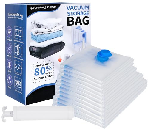 SKERITO 12 Stück Vakuumbeutel Kleidung 3*Kleine 3*Mittel *3*Groß 3*Jumbo | Inklusive Handpumpe, Wiederverwendbar Kleiderbeutel, Aufbewahrungsbeutel, für Kleidung Decken Bettdecken Bettwäsche Kissen