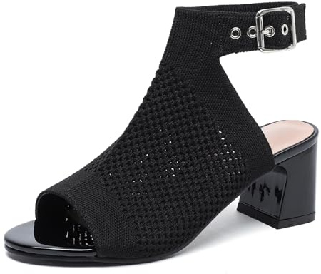 GHIBHNA Women'S Knitted Peep Toe Slingback Chunky Heel Buckle Ankle Boots Summer Breathable Mesh Open Toe Hollow Block Heel Sandals Fashion Work Walking Sandals (black,8.5)