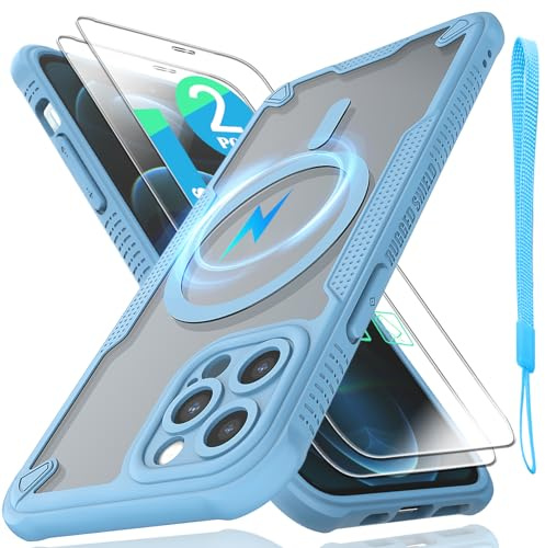 for iPhone 12 Pro Case, Translucent Matte Back Compatible with Magsafe Magnetic Slim Shockproof Protective Case with Lanyard Strap and 2*9H Tempered Glass Screen Protector Phone Cover 6.1”-Blue