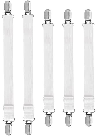 LEEQBCR 5 Piezas Clips de Correa Oculta para Mantel, Oculto Sujeta Manteles, Pinzas para Manteles Exterior, Clip de Correa Elástica para Asegurar Manteles Picnic Mesas Sofá Cama (Blanco)
