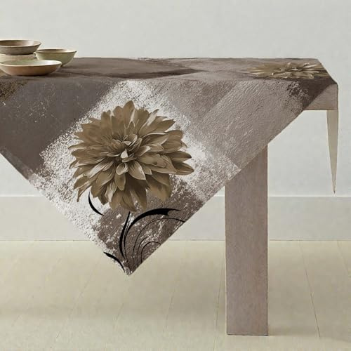 ViaElayu Tischdecke Braun Grau Retro Mitteldecke mit Blume Bauernhaus Tischdekoration Rustikales Ölgemälde Abwaschbar Klein Tischdecke Akzenttisch Dekoratives 85x85cm Tablecloth für Küche Urlaub