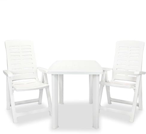 Kaloriko 3-TLG. Bistro-Set aus weißem Kunststoff, wetterfestes Gartenmöbel-Set mit Klappstühlen und Schirmloch, ideal für Balkon, Terrasse, Garten und Camping
