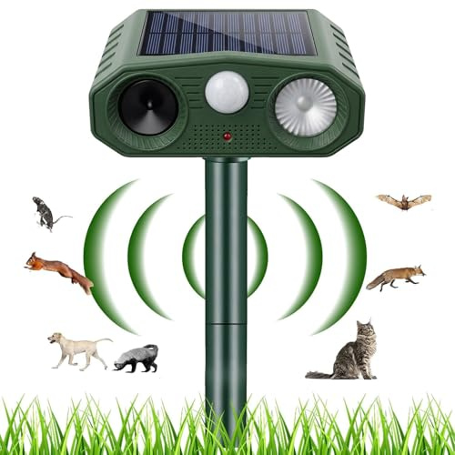 Repelente Gatos Ultrasónico de Jardín, Repelente ultrasónico energía Solar con Sensor de Movimiento + Luz LED, IPX5 Impermeable, Ahuyentador de Animales para Gatos, Zorros, Pájaros, Patio y Huerto