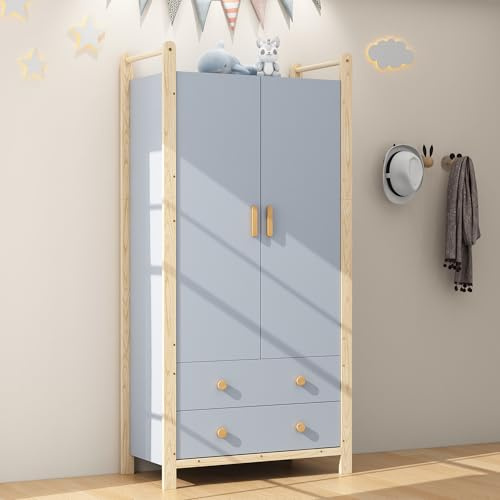 Armario de 2 puertas, armario con barra para colgar, 2 cajones, para dormitorio, salón, pasillo, armario de madera aglomerada, cuerpo azul + marco de pino, 90 × 45 × 180 cm (azul)