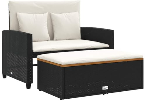 Qnhdfrt Gartensofa 2-Sitzer Schwarz Poly Rattan Schlafsofa mit Hocker & Stauraum loungesofa Outdoor modern für Balkon Terrasse Garten