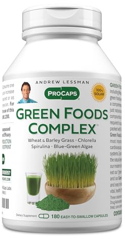 ANDREW LESSMAN Green Foods Complex 180 Capsules - Supplies Building Blocks for Healthy Tissue Growth, Liver Support. 100 mg Each of Barley Grass, Wheat Grass, Blue Green Algae, Chlorella, Spirulina