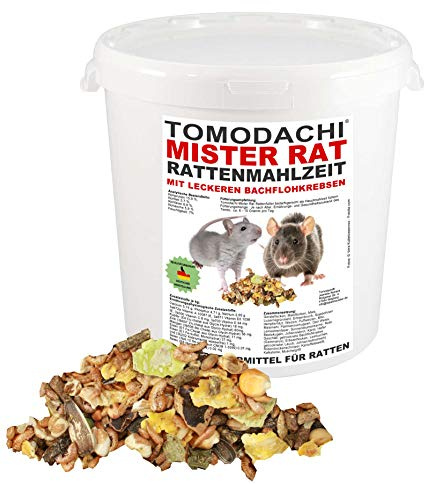Rattenfutter mit tierischem Eiweiß, Rattennahrung, Alleinfutter für Ratten mit Bachflohkrebsen (Gammarus), leckerem Gemüse, Körnern und Saaten, Tomodachi® Mister Rat Rattenmahlzeit 2kg Eimer