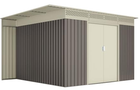 Hoggar - Caseta Jardín Exterior 8,96m2 – Leñero Lateral - Respiraderos Ventilación – Techo Inclinado - Topo Beige – Cobertizo de Almacenamiento Armario Metálico Herramientas