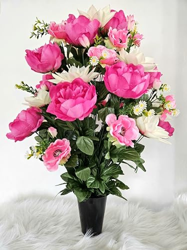 Roselynexpress Composition de Fleurs Artificielles en Cône Lesté Ciment pour Une Parfaite Tenue à L' extérieur. Réalisé par Nos Soins Fleurs de qualité.