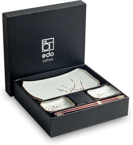 SERVICE À SUSHI | Sushi Set 6-pièces pour 2 Personnes | Japonais Authentique | Comprenant 2 assiettes rectangulaires, 2 coupelles et 2 paires de baguettes en bois | Dans un Coffret Cadeau (Soshun)