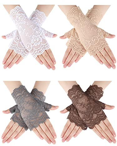 Geyoga 4 Pairs Women's Lace Gloves Fingerless Floral Lace Gloves Costume Wedding Prom Gloves for Tea Party Cosplay (Gray, White, Coffee, Skin Color)