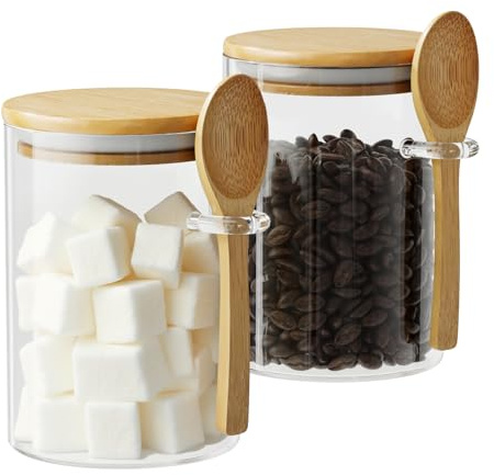 Glass Sugar Container with Spoon - 2 Pack 15oz Glass Jars with Bamboo Lid and Spoon, Bamboo Lid Storage Jar Canister for Coffee Beans, Spice, Brown Sugar, Tea, Flour, Nuts, Candy, Salts and More