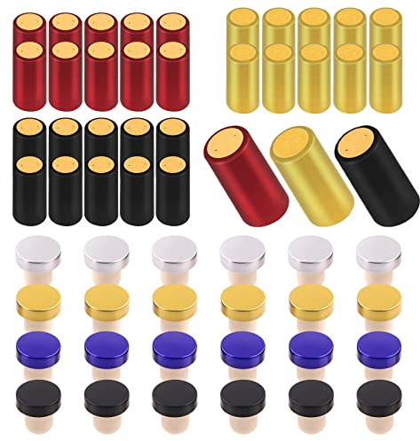Swpeet 54Pcs 3 Colores Oro Negro Rojo PVC Termoretráctil Cápsulas y Botella de Vino Tapón de Corcho con Tapón de Plástico Surtido Kit, Tapón de Sellado de Botella con Envoltura Retráctil para