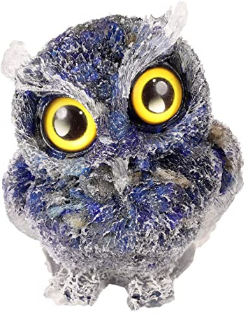 KYEYGWO Nette Harz Kristall Eule Figuren Dekoration, 7,5cm Lapislazuli | Mini Stein Käuzchen Statuen Vögel Tier Skulptur für Haus Büro Tisch Blumentopf Micro Landschaft, Heilstein Talisman für Glück