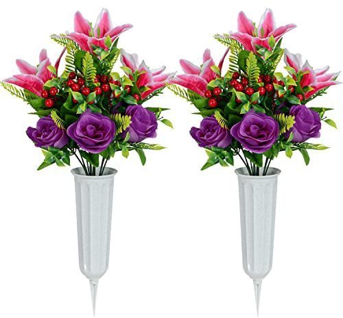 XONOR Artificial Cemetery Flowers for Grave, Set of 2 Artificial Memorial Flowers with Vase for Outdoor Cemetery Headstones Graveyard Gravestone Decoration (Pink Lily&Purple Rose)