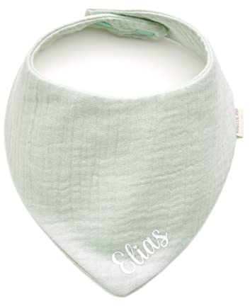 AngelicArt Personalisiertes Dreieckshalstuch aus Baumwolle, Halstuch für Jungen, Mädchen, Unisex, mit Druckknopfverschluss, in verschiedenen Farben mit Wunschnamen-Musselin (Mint)