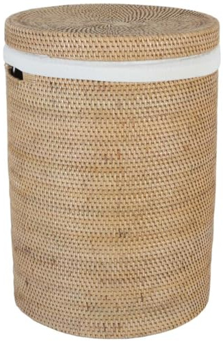 Rattan Wäschekorb CLEO XL Ø 40cm x Höhe 60cm in Natur Beige Braun rund mit Deckel & abnehmbaren Innensack | Boho Chic Wäschesammler mit Griff Aufbewahrungskorb rustikal geflochten LOM20033